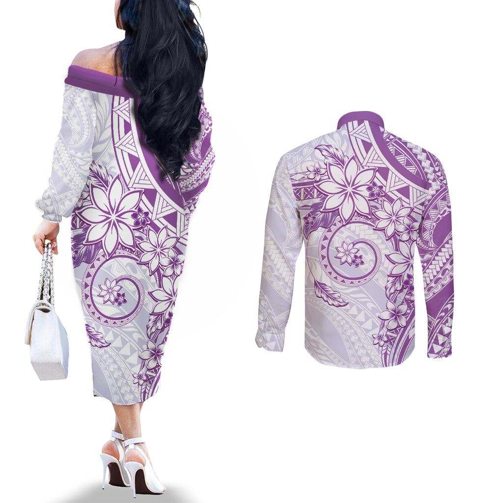 Polynesian Pattern With Plumeria Flowers Couples Matching Off The Shoulder Long Sleeve Dress and Long Sleeve Button Shirt Purple