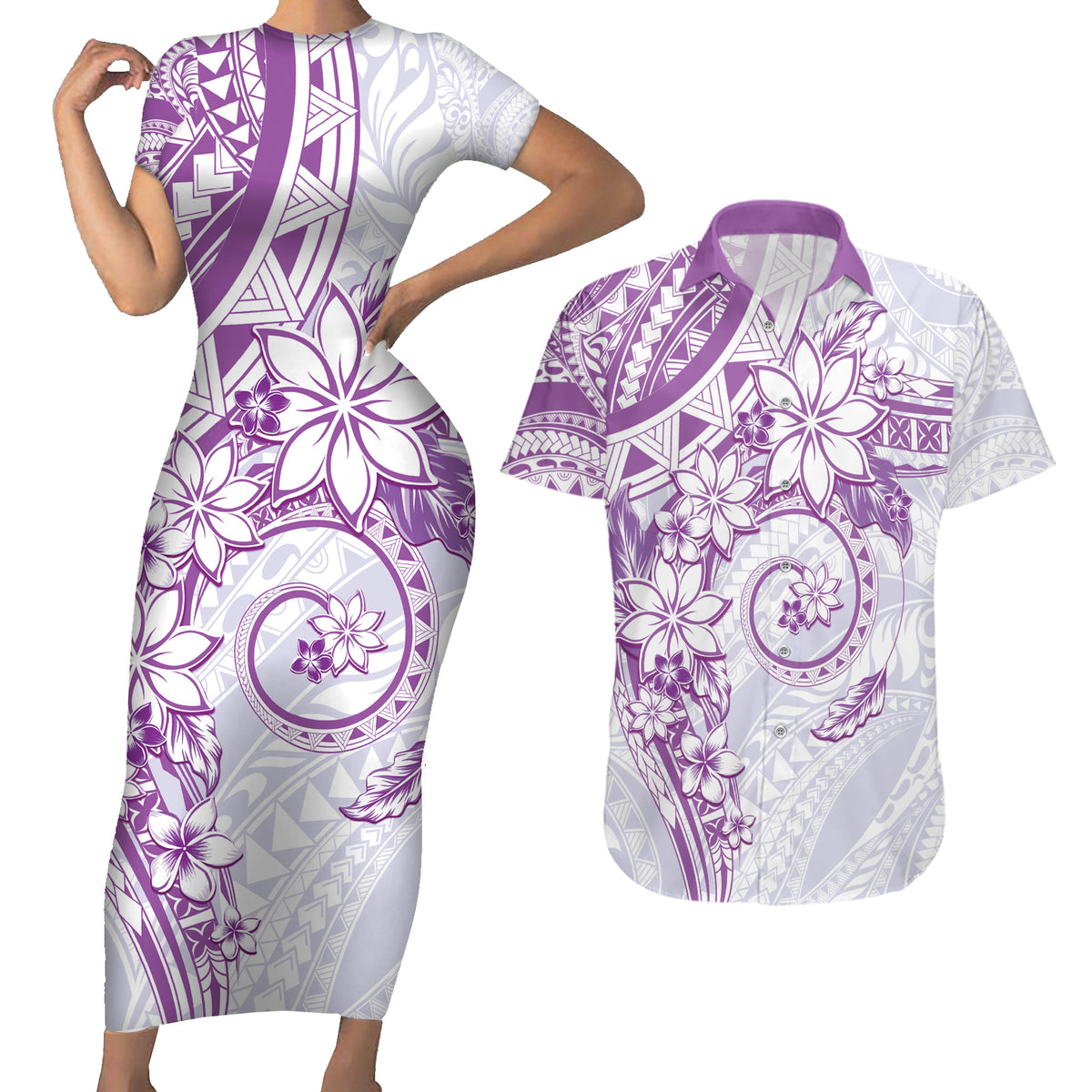 Polynesian Pattern With Plumeria Flowers Couples Matching Short Sleeve Bodycon Dress and Hawaiian Shirt Purple LT05 Purple - Polynesian Pride
