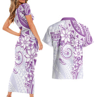 Polynesian Pattern With Plumeria Flowers Couples Matching Short Sleeve Bodycon Dress and Hawaiian Shirt Purple LT05 - Polynesian Pride