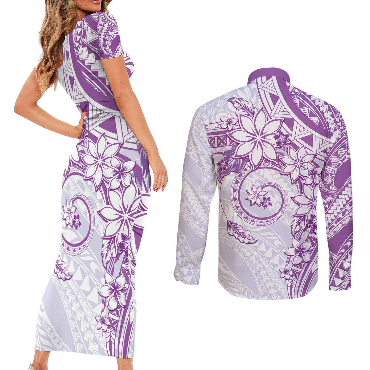 Polynesian Pattern With Plumeria Flowers Couples Matching Short Sleeve Bodycon Dress and Long Sleeve Button Shirt Purple