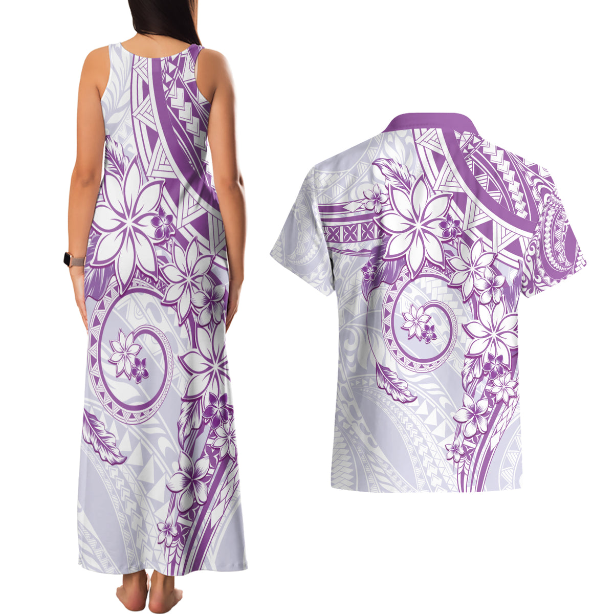 Polynesian Pattern With Plumeria Flowers Couples Matching Tank Maxi Dress and Hawaiian Shirt Purple