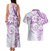 Polynesian Pattern With Plumeria Flowers Couples Matching Tank Maxi Dress and Hawaiian Shirt Purple