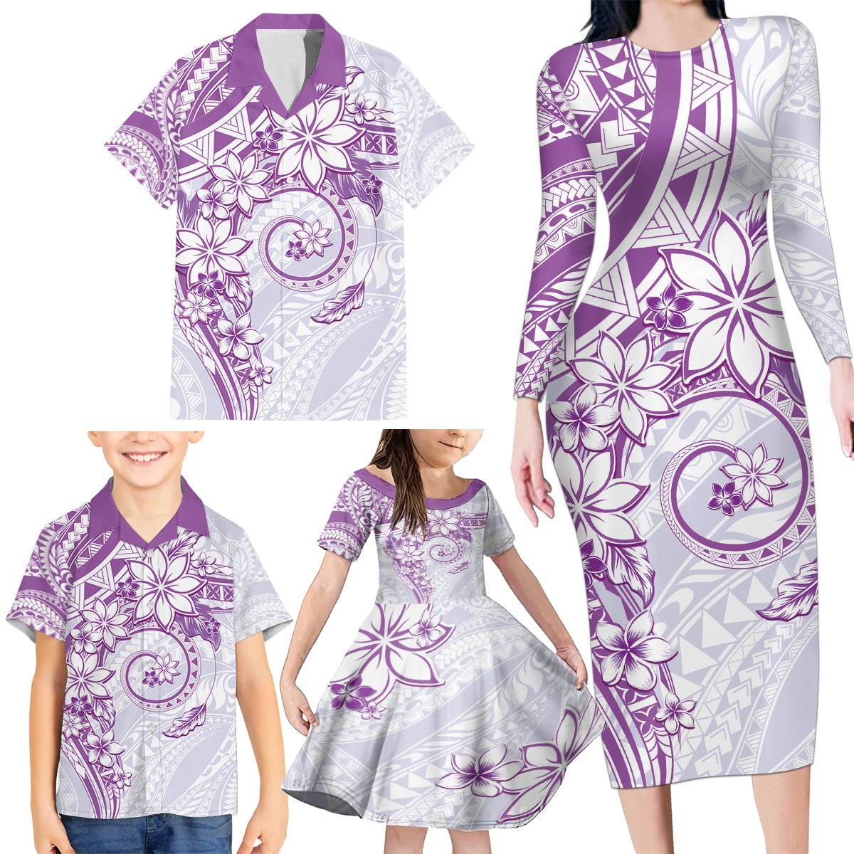 Polynesian Pattern With Plumeria Flowers Family Matching Long Sleeve Bodycon Dress and Hawaiian Shirt Purple LT05 - Polynesian Pride
