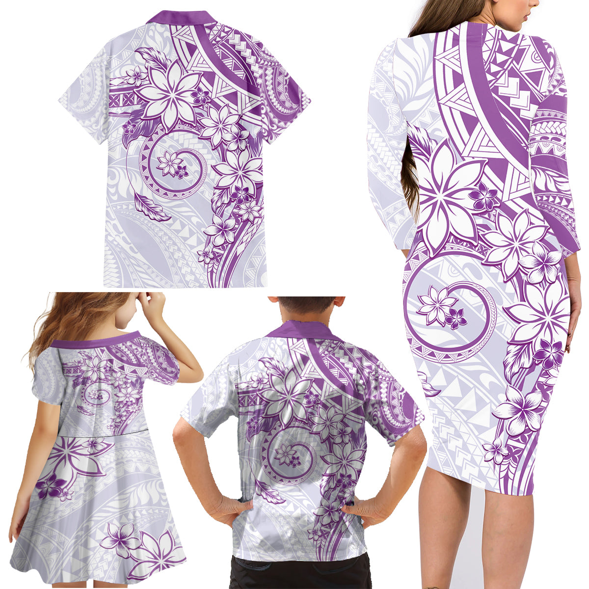 Polynesian Pattern With Plumeria Flowers Family Matching Long Sleeve Bodycon Dress and Hawaiian Shirt Purple LT05 - Polynesian Pride