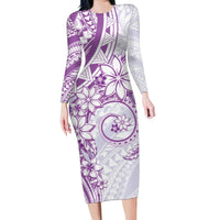 Polynesian Pattern With Plumeria Flowers Family Matching Long Sleeve Bodycon Dress and Hawaiian Shirt Purple LT05 Mom's Dress Purple - Polynesian Pride