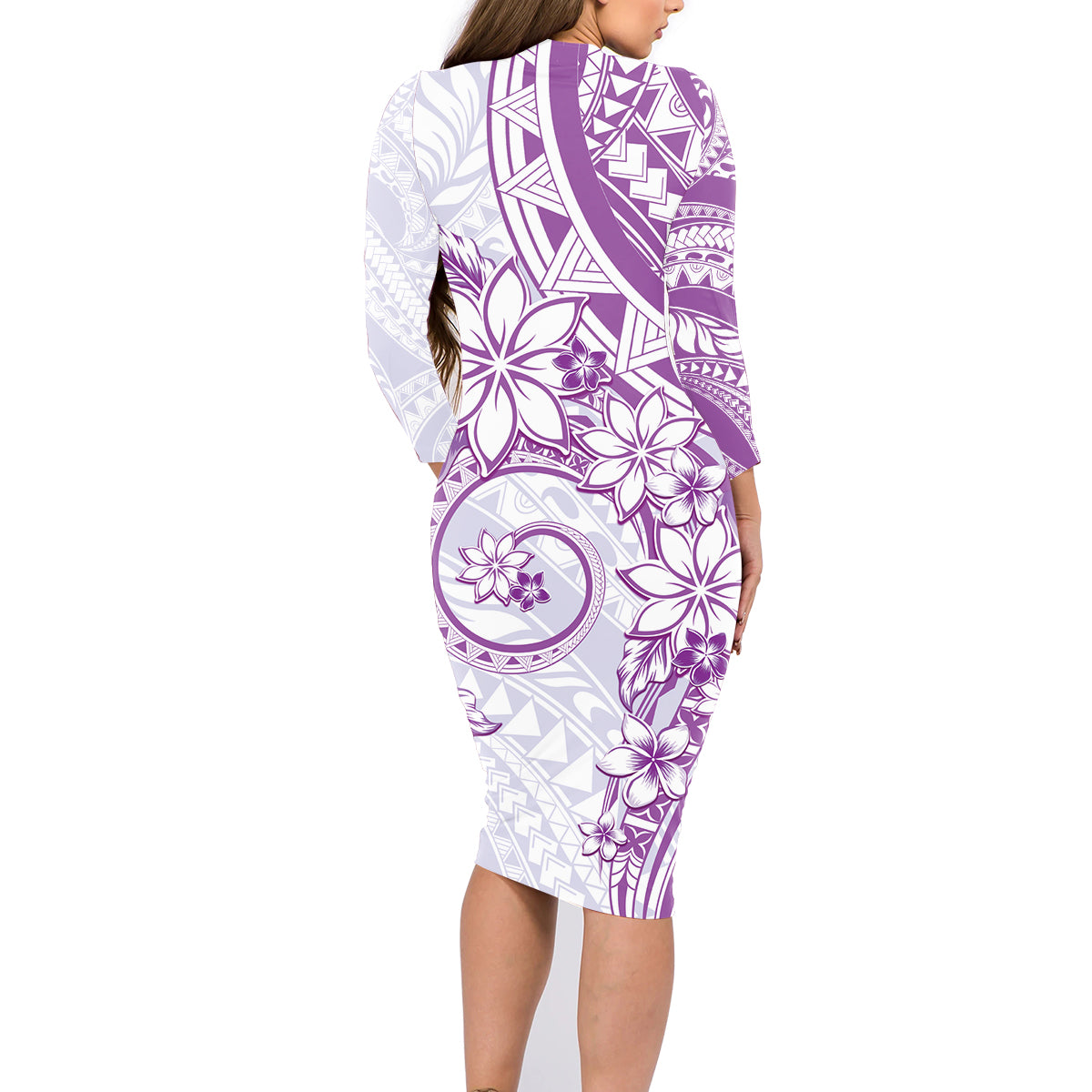Polynesian Pattern With Plumeria Flowers Family Matching Long Sleeve Bodycon Dress and Hawaiian Shirt Purple LT05 - Polynesian Pride