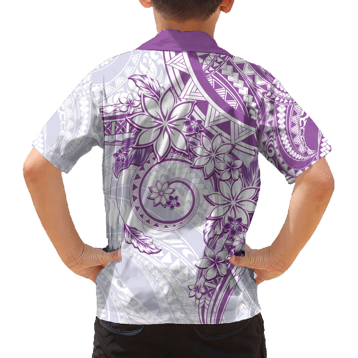 Polynesian Pattern With Plumeria Flowers Family Matching Off The Shoulder Long Sleeve Dress and Hawaiian Shirt Purple LT05 - Polynesian Pride