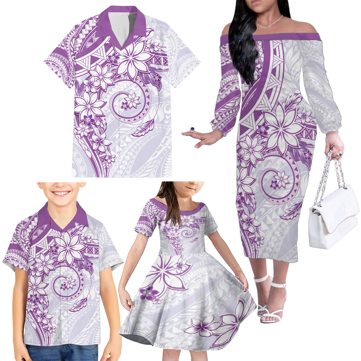 Polynesian Pattern With Plumeria Flowers Family Matching Off The Shoulder Long Sleeve Dress and Hawaiian Shirt Purple LT05 - Polynesian Pride