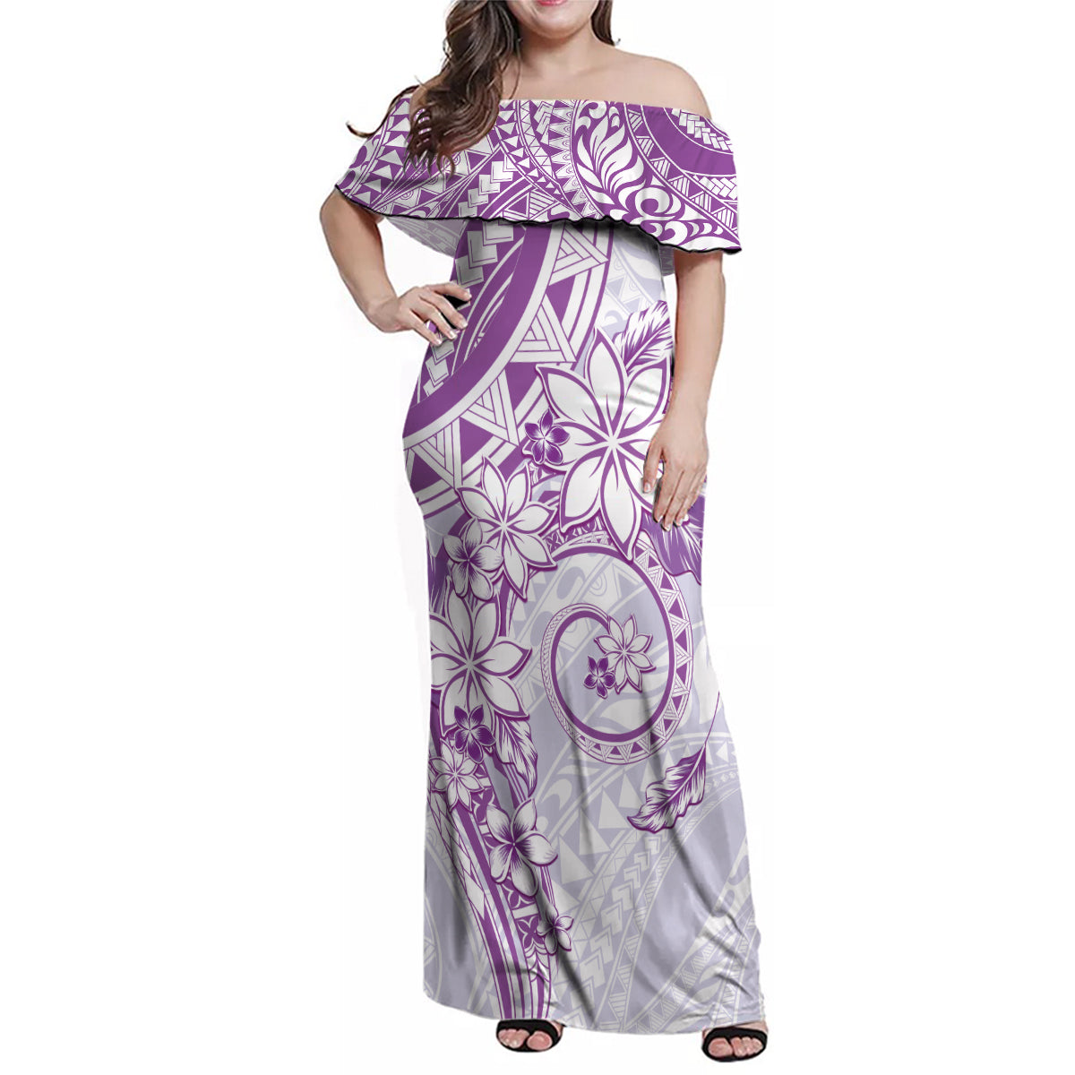 Polynesian Pattern With Plumeria Flowers Family Matching Off Shoulder Maxi Dress and Hawaiian Shirt Purple LT05 Mom's Dress Purple - Polynesian Pride
