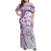 Polynesian Pattern With Plumeria Flowers Family Matching Off Shoulder Maxi Dress and Hawaiian Shirt Purple LT05 Mom's Dress Purple - Polynesian Pride