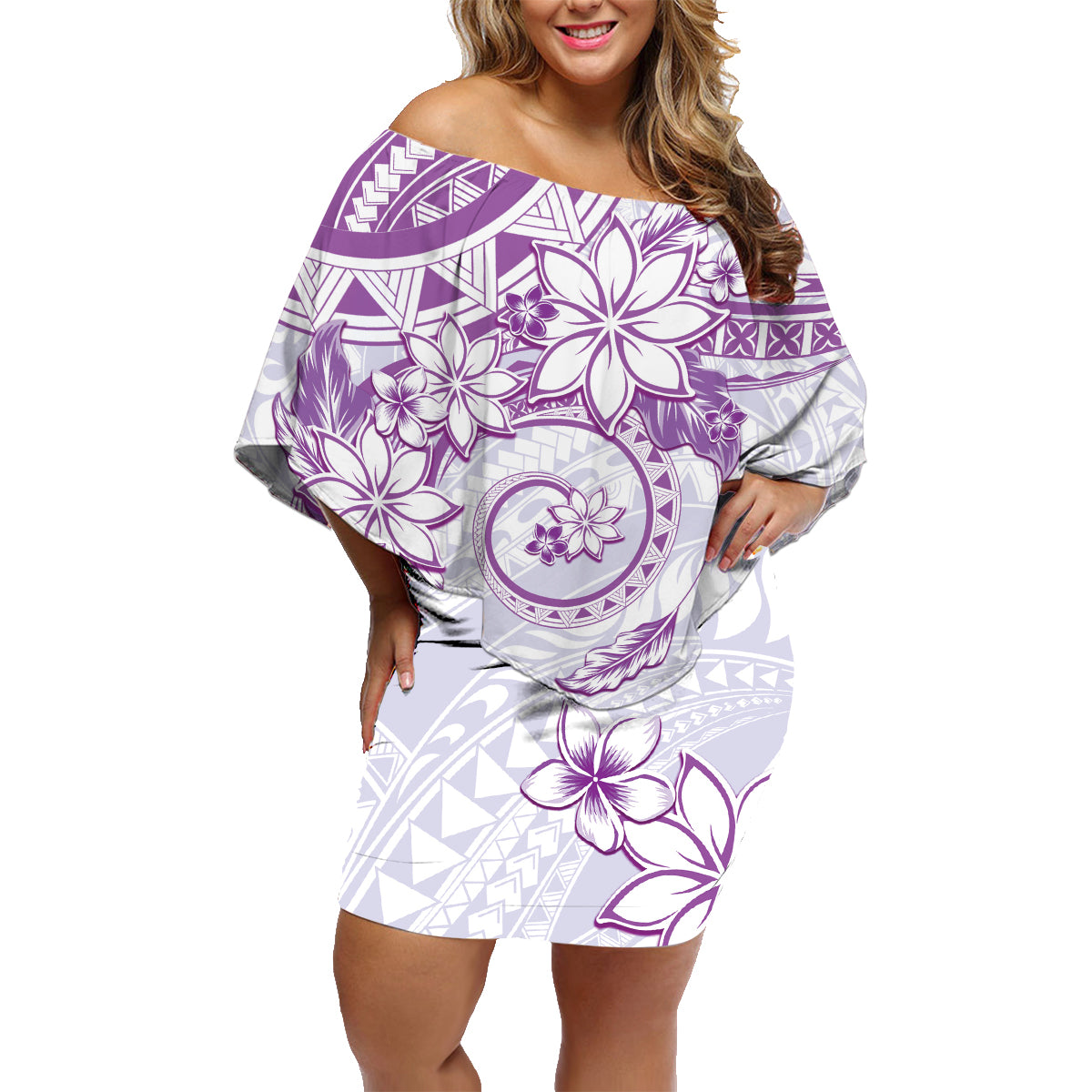 Polynesian Pattern With Plumeria Flowers Family Matching Off Shoulder Short Dress and Hawaiian Shirt Purple LT05 Mom's Dress Purple - Polynesian Pride