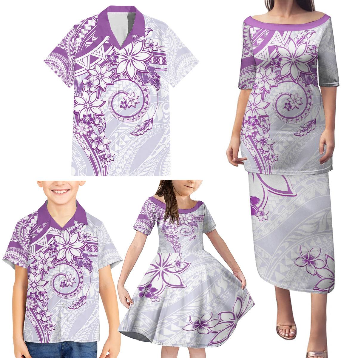 Polynesian Pattern With Plumeria Flowers Family Matching Puletasi and Hawaiian Shirt Purple LT05 - Polynesian Pride