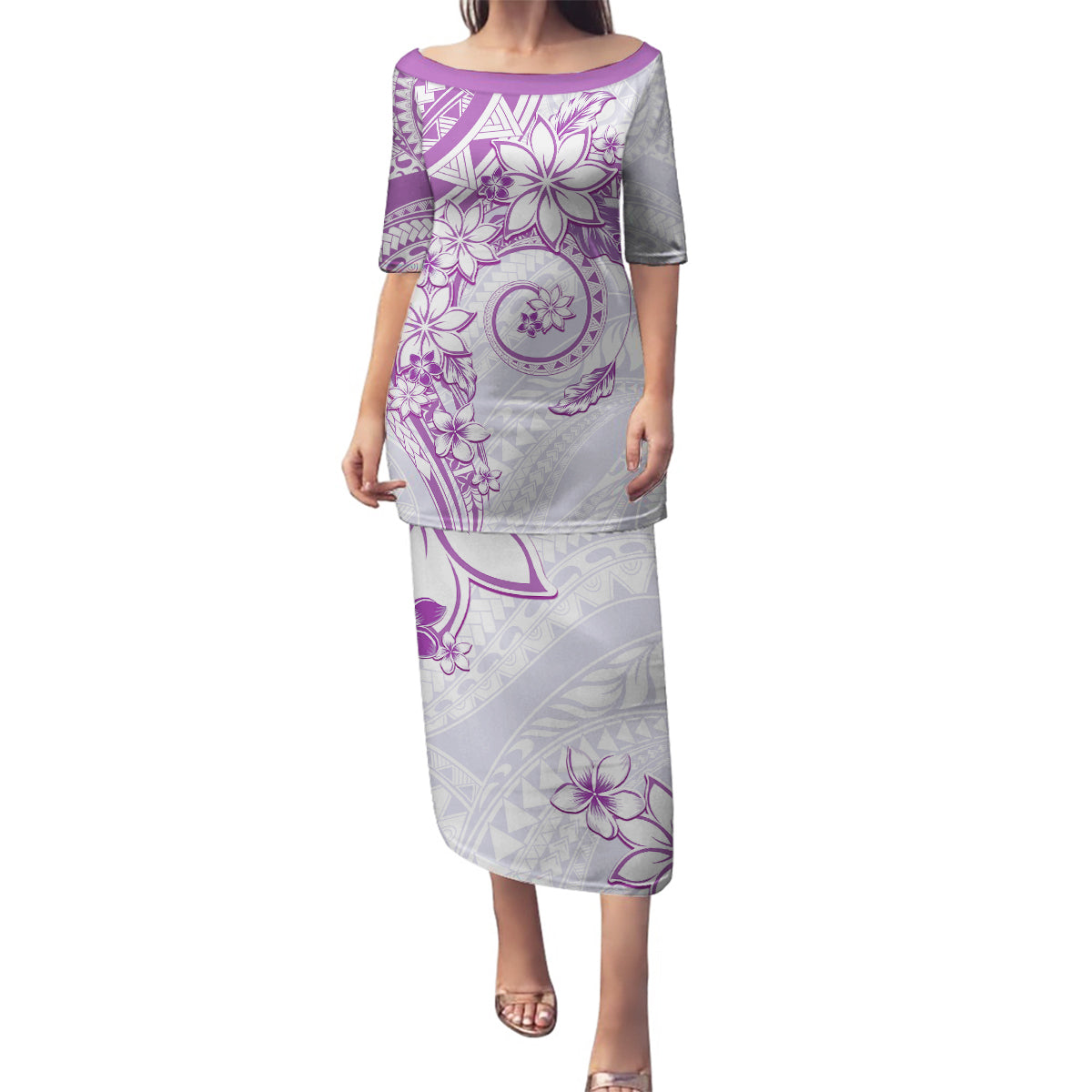Polynesian Pattern With Plumeria Flowers Family Matching Puletasi and Hawaiian Shirt Purple LT05 Mom's Dress Purple - Polynesian Pride