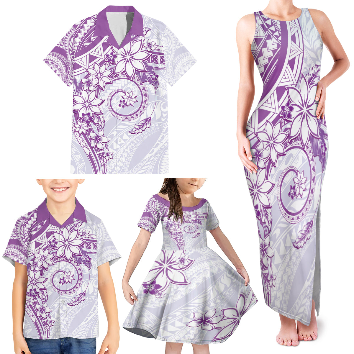 Polynesian Pattern With Plumeria Flowers Family Matching Tank Maxi Dress and Hawaiian Shirt Purple LT05 - Polynesian Pride
