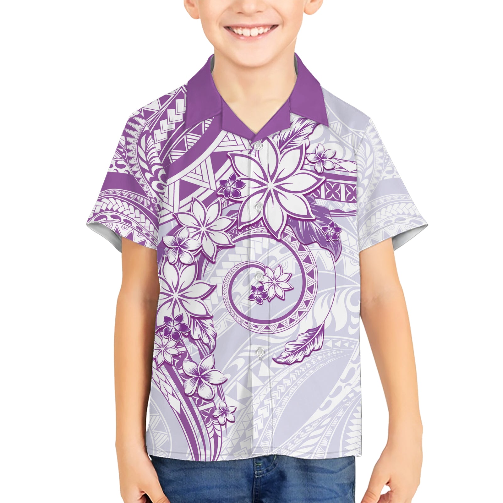 Polynesian Pattern With Plumeria Flowers Kid Hawaiian Shirt Purple