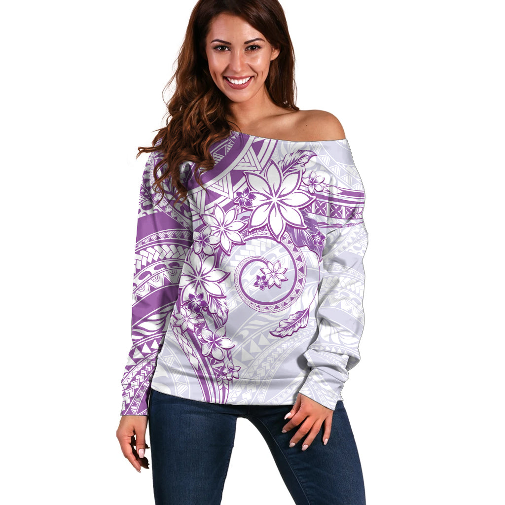 Polynesian Pattern With Plumeria Flowers Off Shoulder Sweater Purple LT05 Women Purple - Polynesian Pride