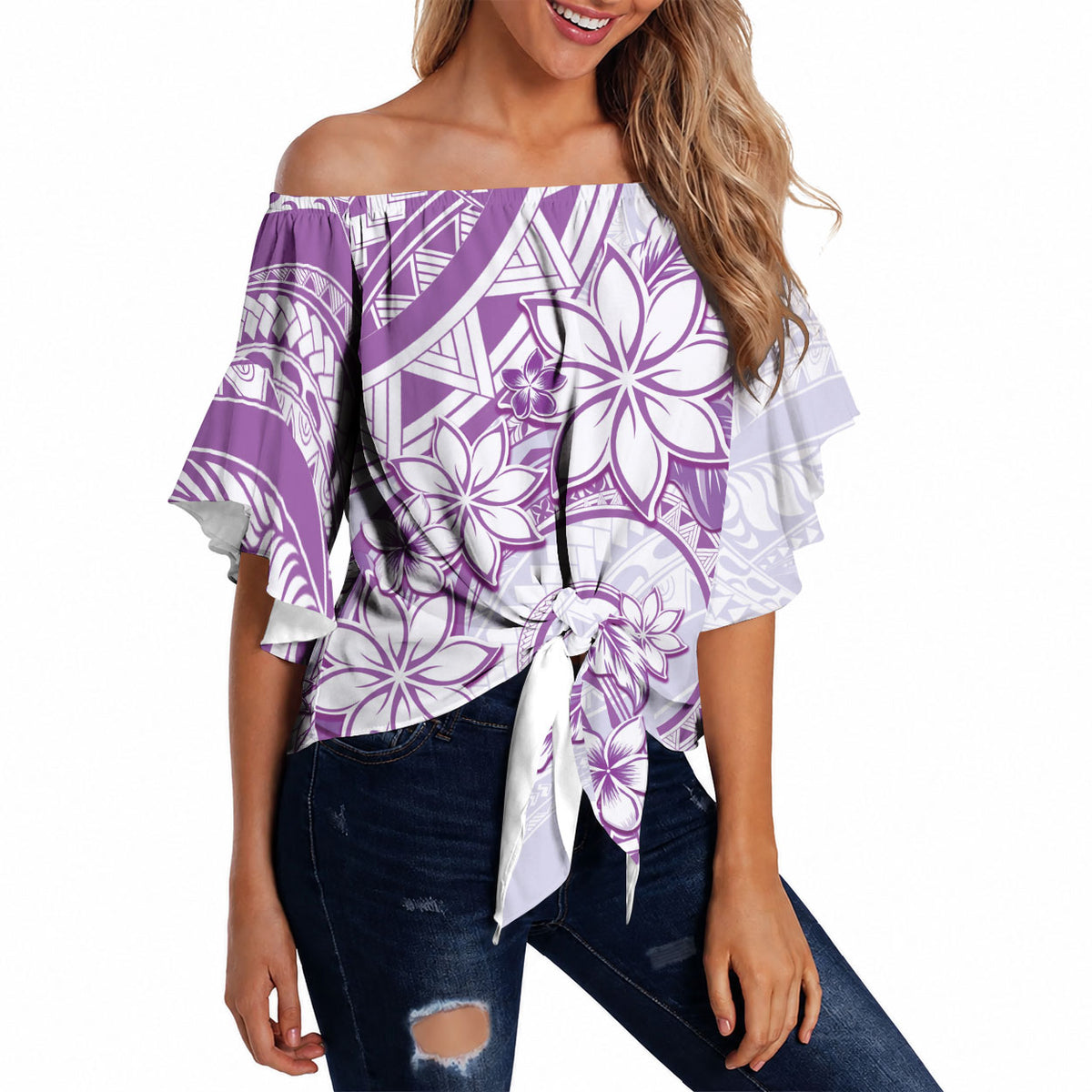 Polynesian Pattern With Plumeria Flowers Off Shoulder Wrap Waist Top Purple LT05 - Polynesian Pride