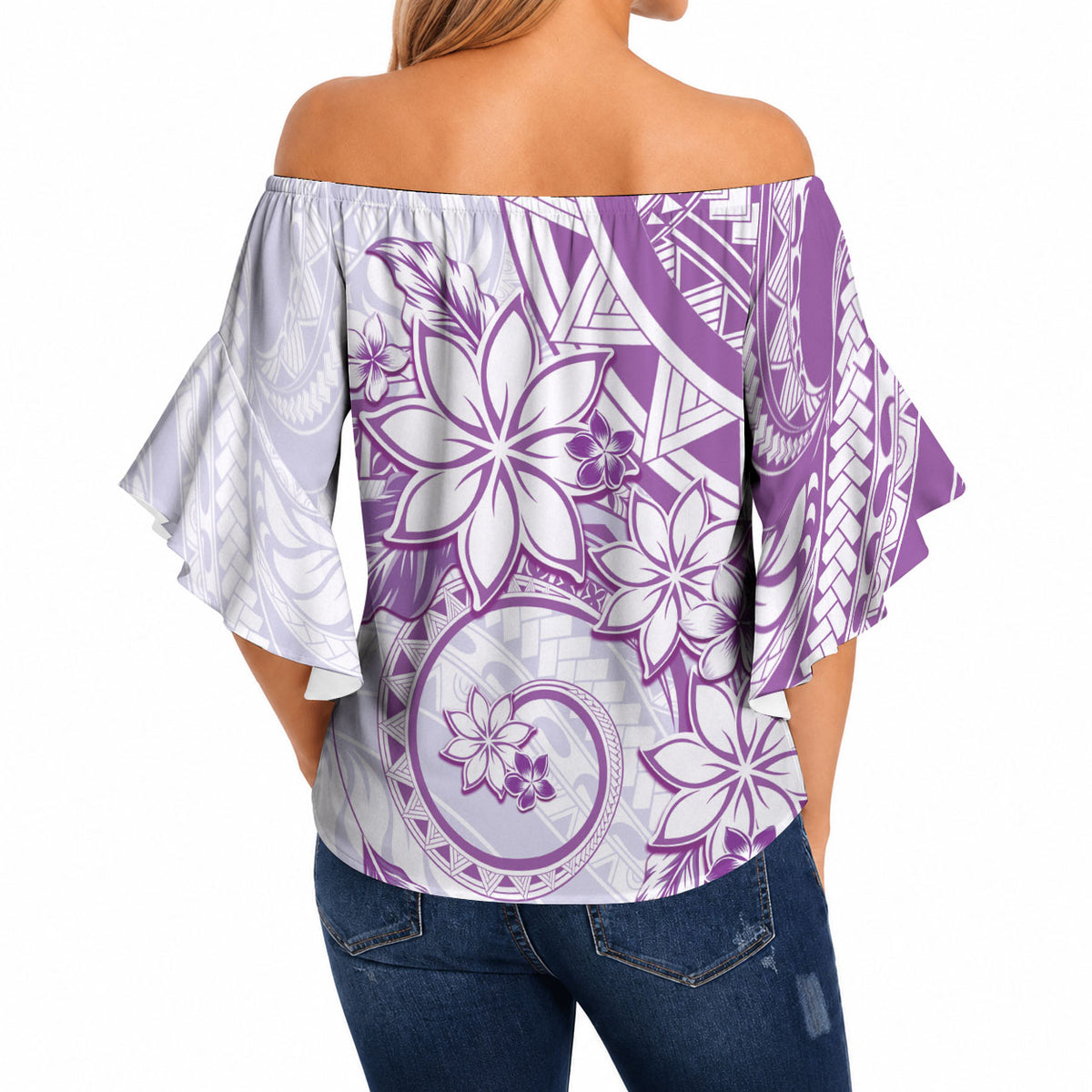 Polynesian Pattern With Plumeria Flowers Off Shoulder Wrap Waist Top Purple LT05 - Polynesian Pride