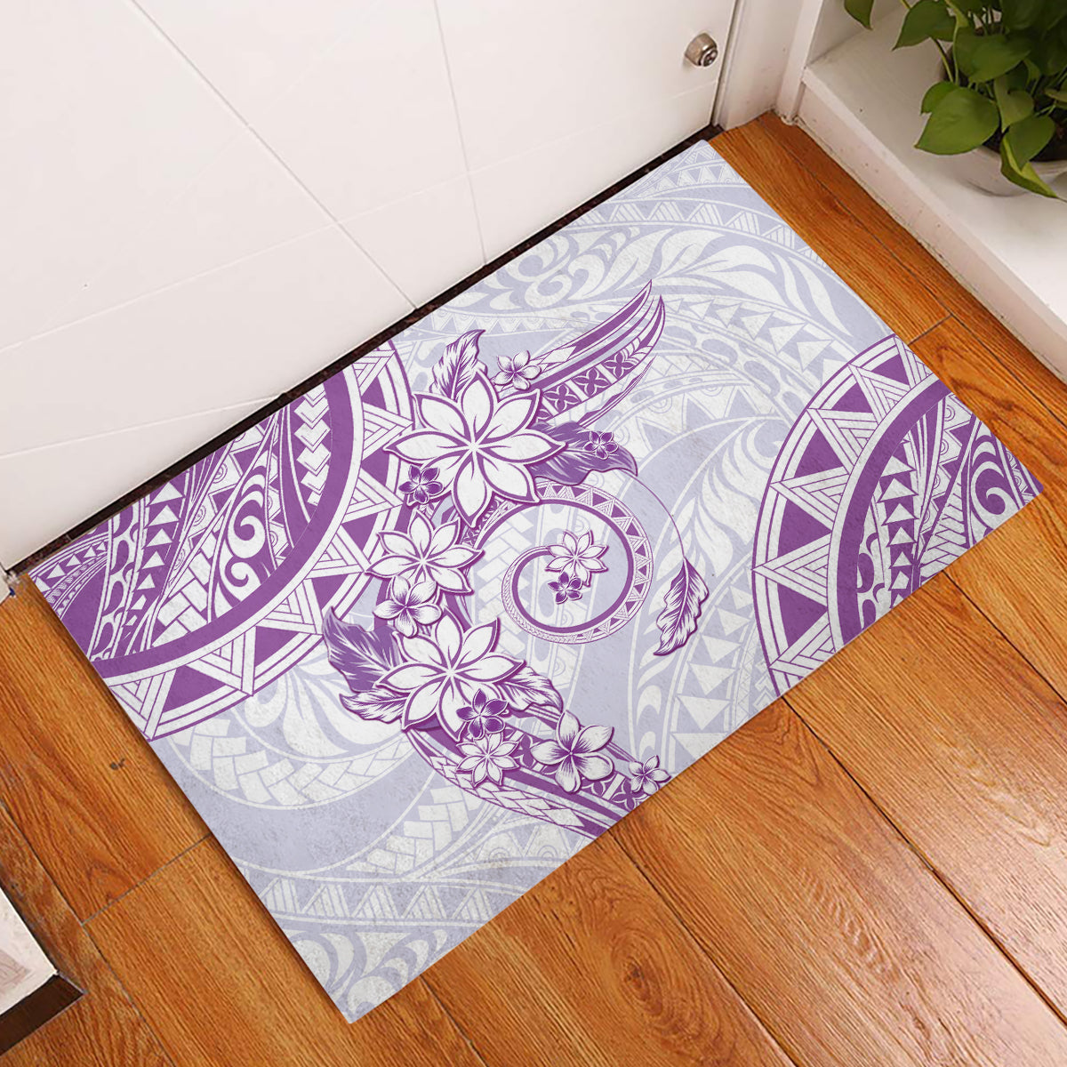 Polynesian Pattern With Plumeria Flowers Rubber Doormat Purple LT05 Purple - Polynesian Pride