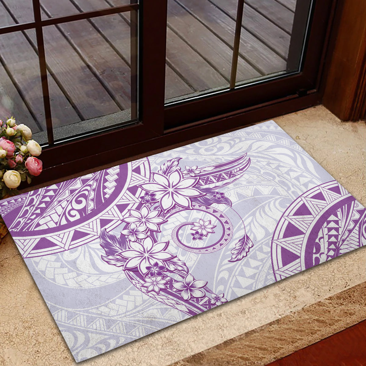 Polynesian Pattern With Plumeria Flowers Rubber Doormat Purple