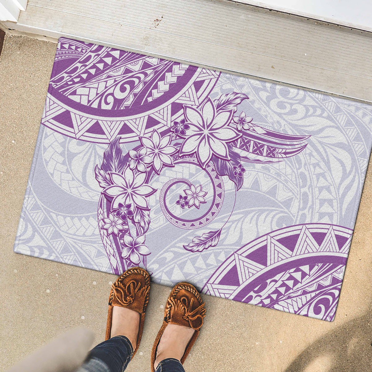 Polynesian Pattern With Plumeria Flowers Rubber Doormat Purple