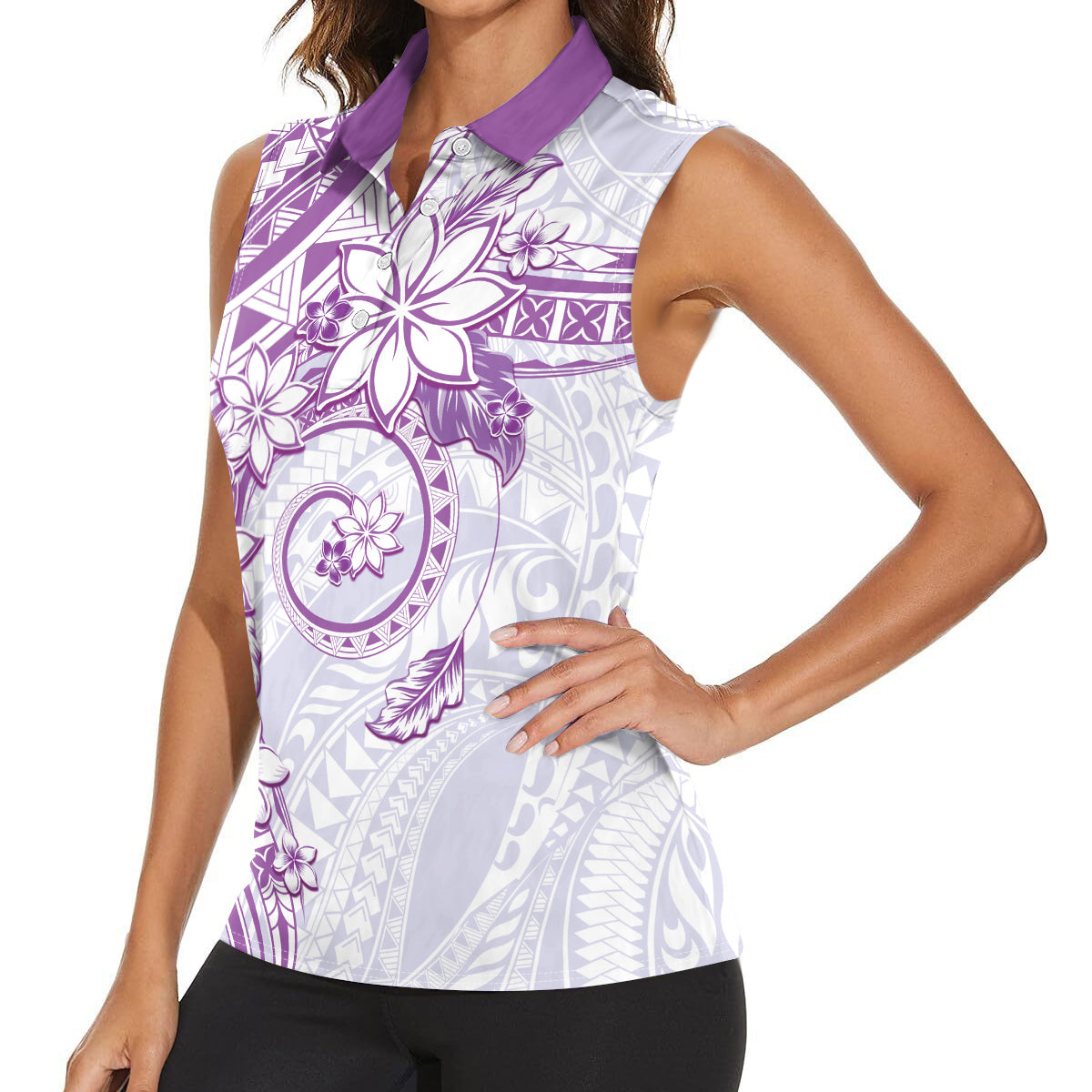 Polynesian Pattern With Plumeria Flowers Women Sleeveless Polo Shirt Purple LT05 - Polynesian Pride