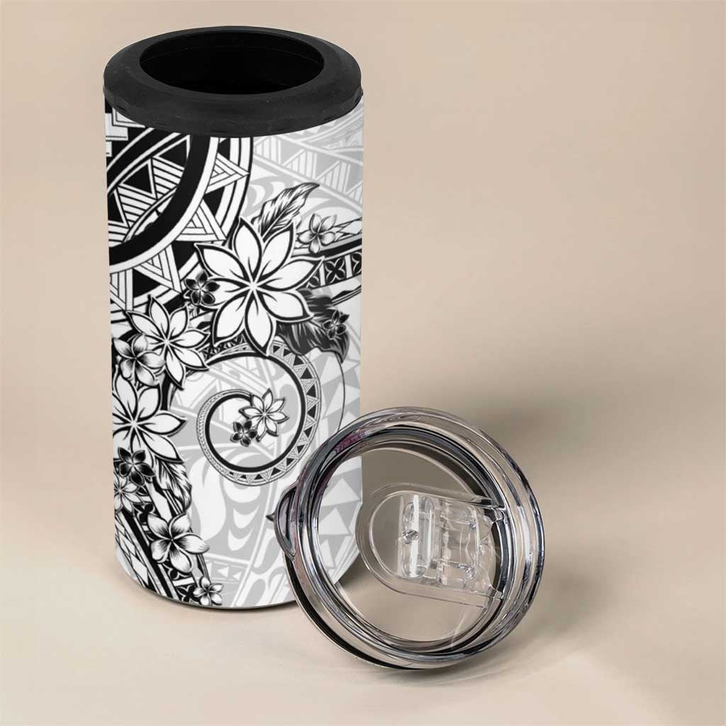 White Polynesian Pattern With Plumeria Flowers 4 in 1 Can Cooler Tumbler LT05 - Polynesian Pride