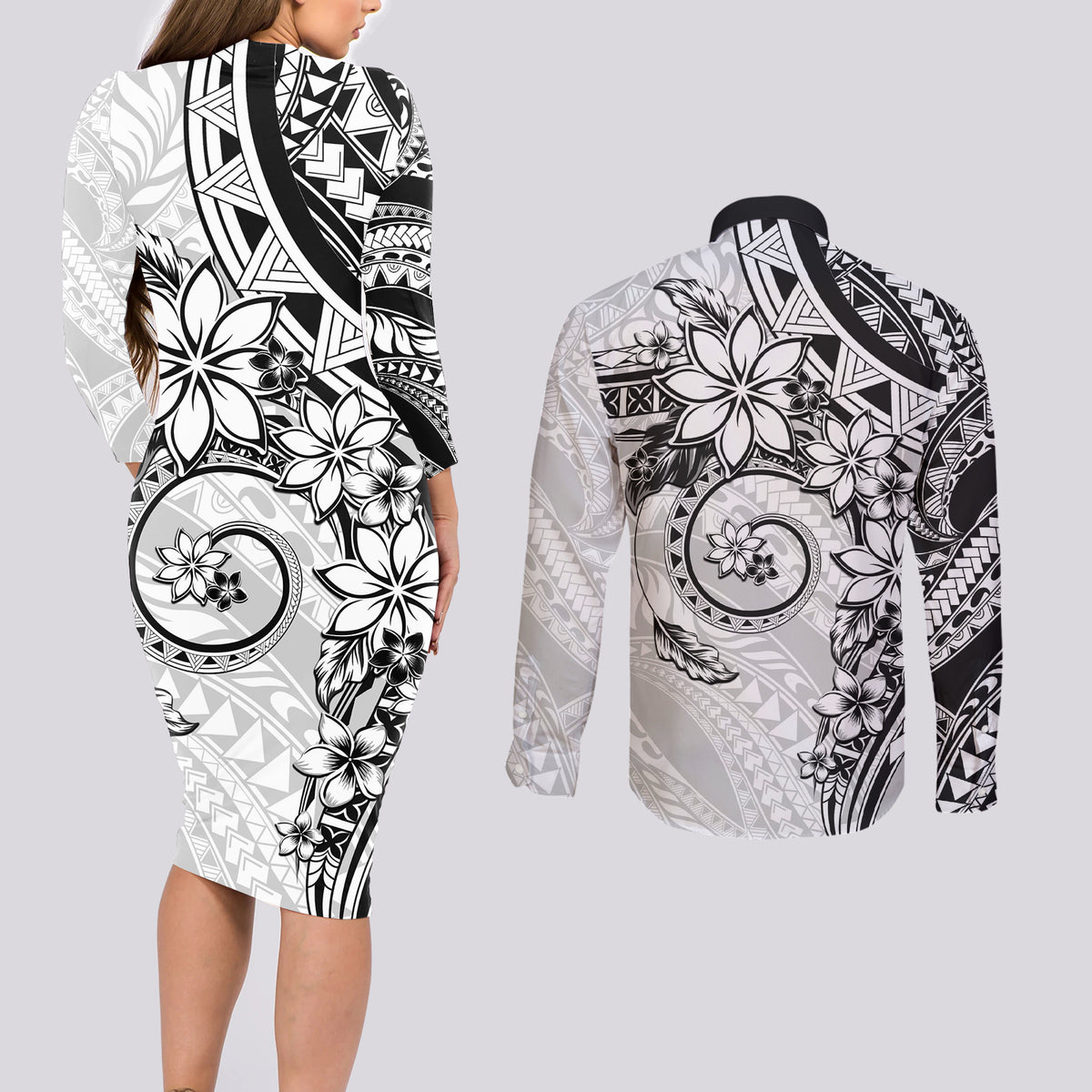 Polynesian Pattern With Plumeria Flowers Couples Matching Long Sleeve Bodycon Dress and Long Sleeve Button Shirt White