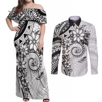Polynesian Pattern With Plumeria Flowers Couples Matching Off Shoulder Maxi Dress and Long Sleeve Button Shirt White