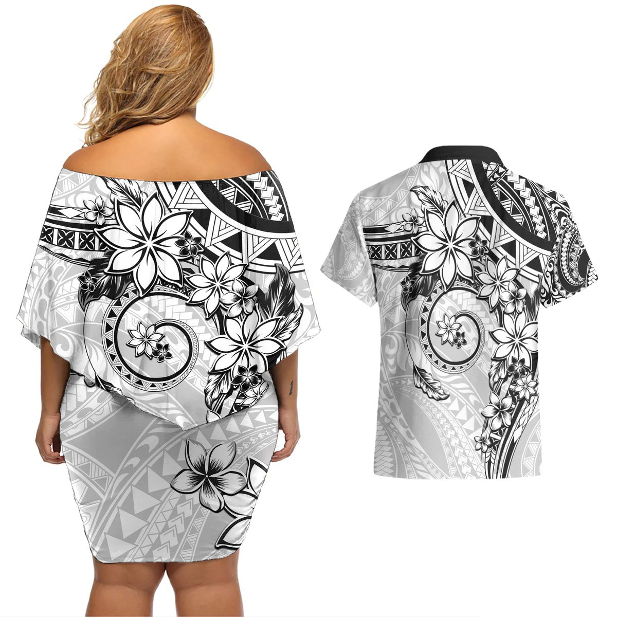 Polynesian Pattern With Plumeria Flowers Couples Matching Off Shoulder Short Dress and Hawaiian Shirt White