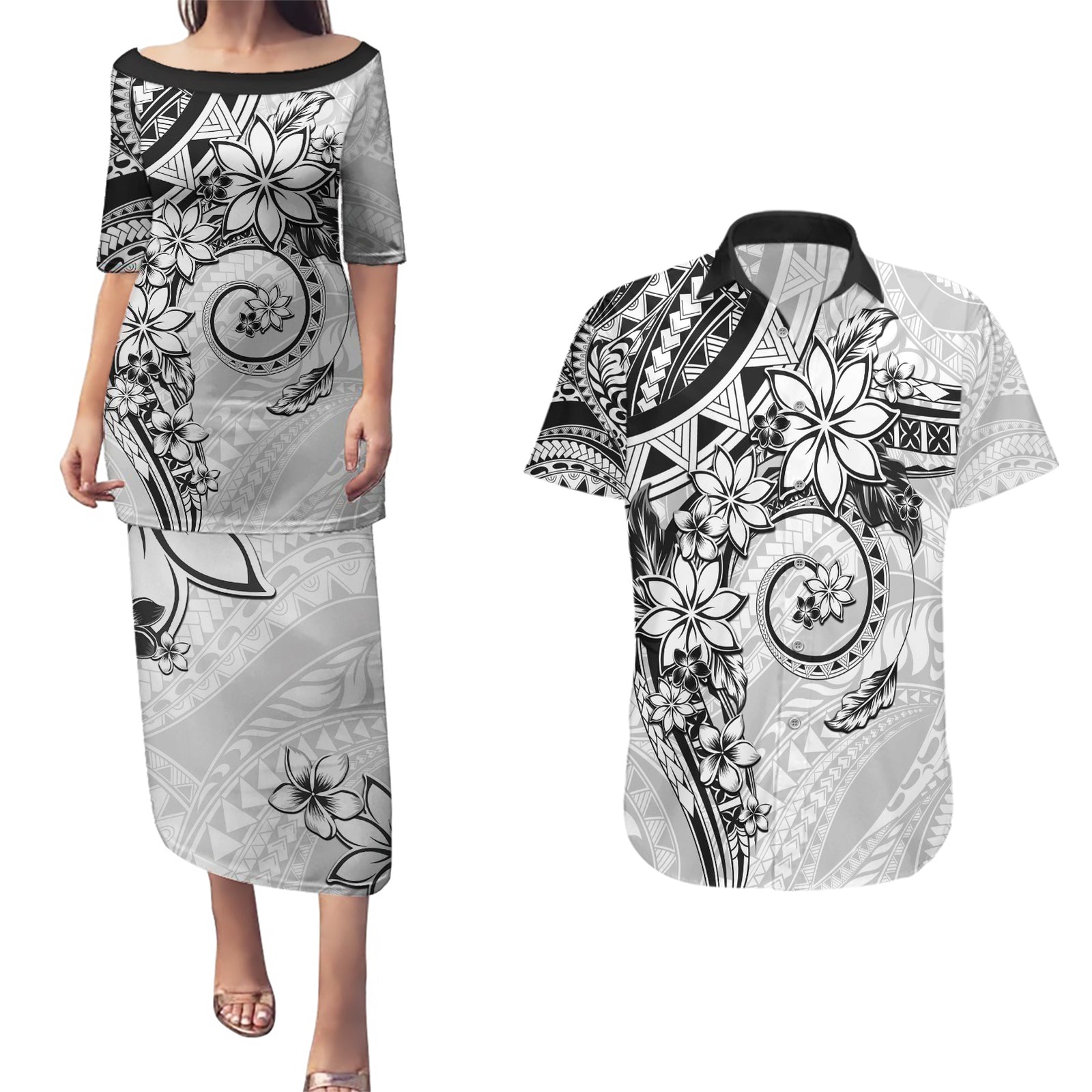 Polynesian Pattern With Plumeria Flowers Couples Matching Puletasi and Hawaiian Shirt White