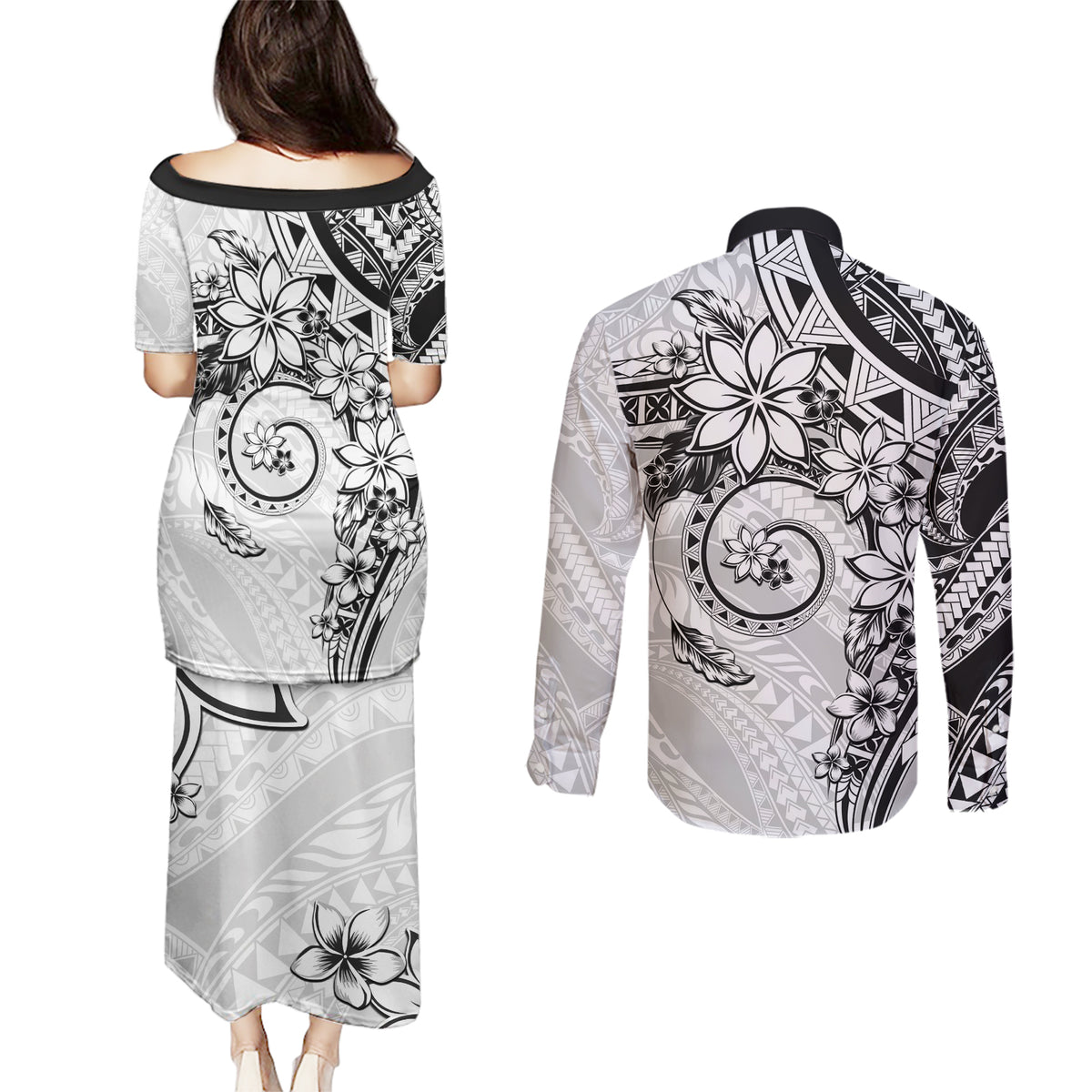 Polynesian Pattern With Plumeria Flowers Couples Matching Puletasi and Long Sleeve Button Shirt White