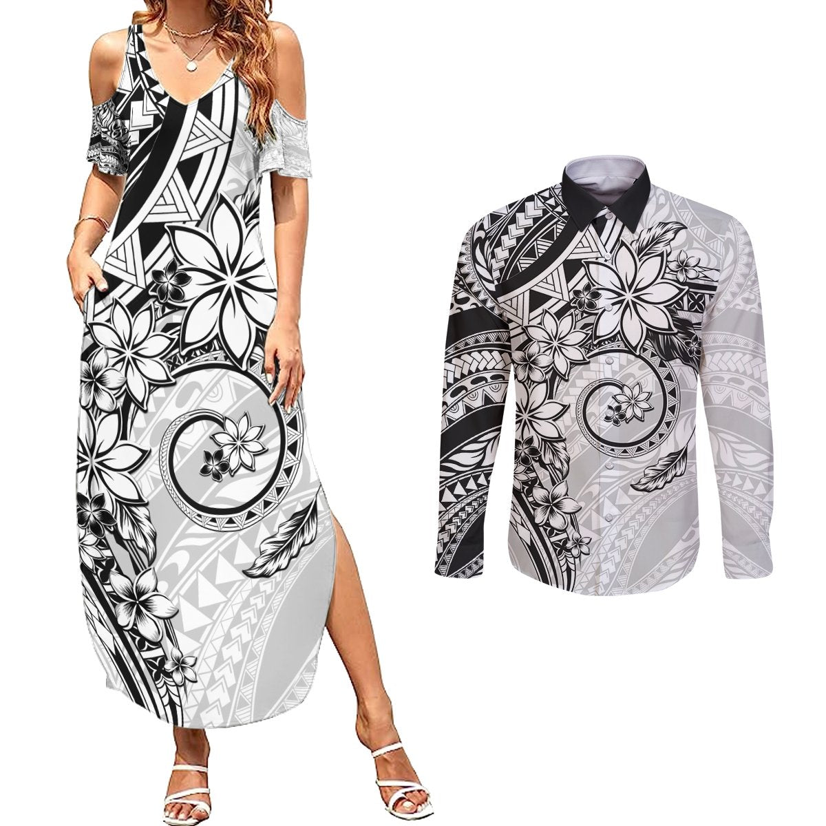 Polynesian Pattern With Plumeria Flowers Couples Matching Summer Maxi Dress and Long Sleeve Button Shirt White