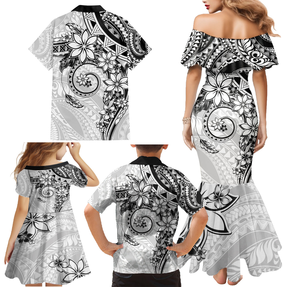 Polynesian Pattern With Plumeria Flowers Family Matching Mermaid Dress and Hawaiian Shirt White LT05 - Polynesian Pride