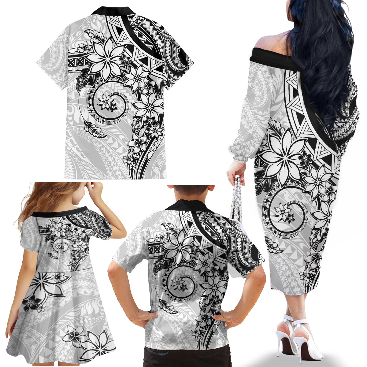 Polynesian Pattern With Plumeria Flowers Family Matching Off The Shoulder Long Sleeve Dress and Hawaiian Shirt White LT05 - Polynesian Pride