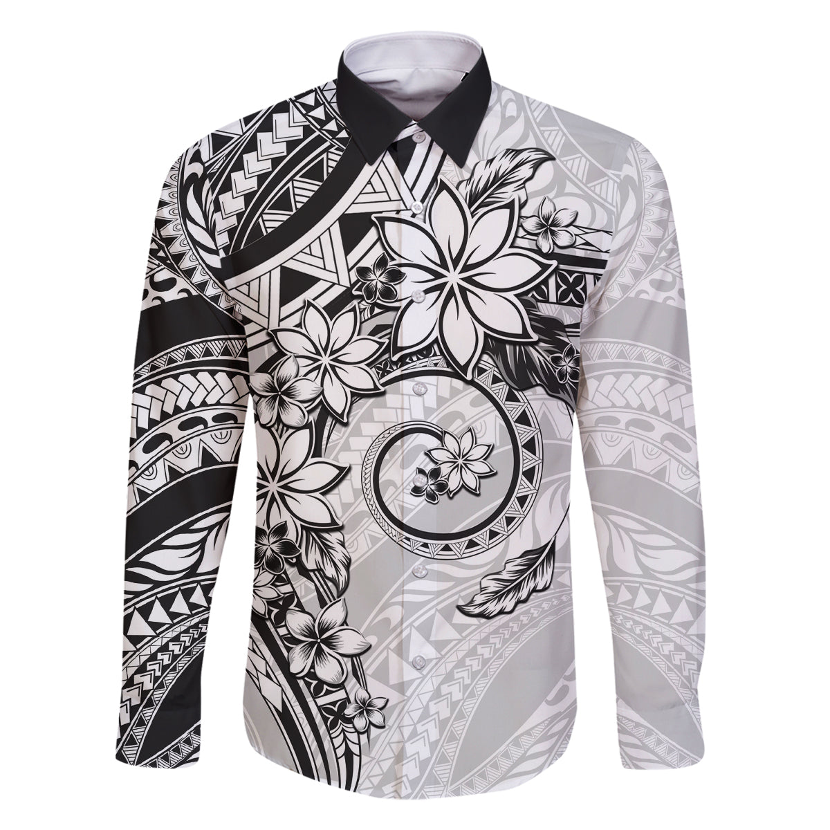 Polynesian Pattern With Plumeria Flowers Family Matching Off The Shoulder Long Sleeve Dress and Hawaiian Shirt White LT05 Dad's Shirt - Long Sleeve White - Polynesian Pride