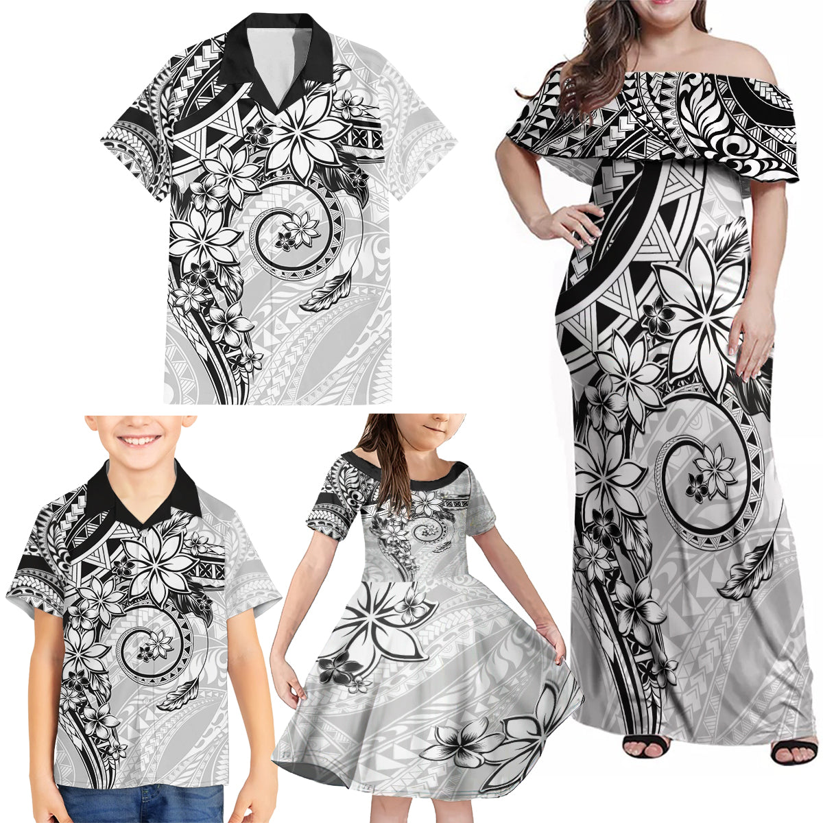 Polynesian Pattern With Plumeria Flowers Family Matching Off Shoulder Maxi Dress and Hawaiian Shirt White LT05 - Polynesian Pride