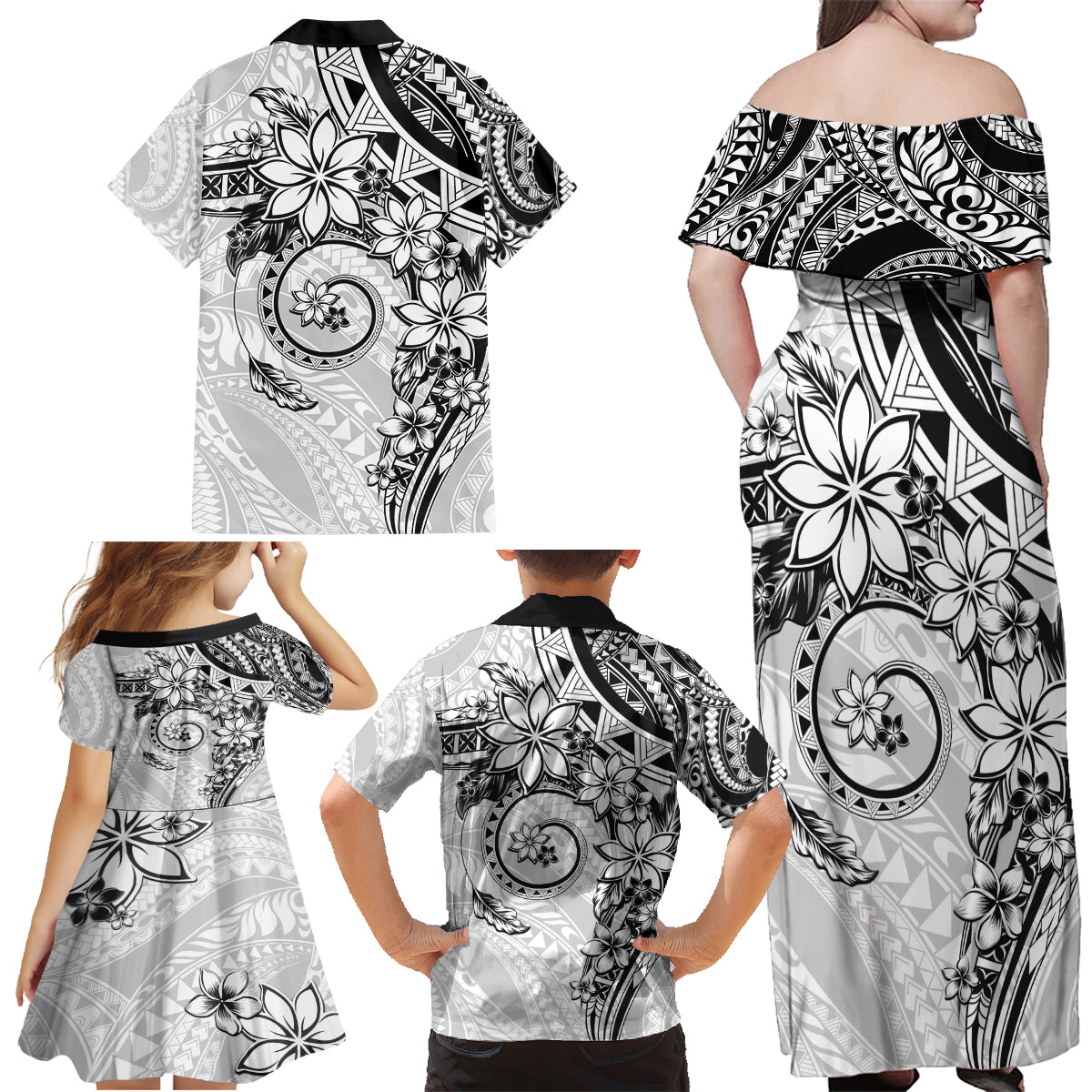 Polynesian Pattern With Plumeria Flowers Family Matching Off Shoulder Maxi Dress and Hawaiian Shirt White LT05 - Polynesian Pride
