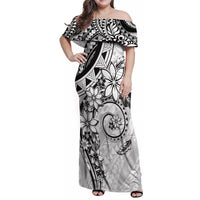 Polynesian Pattern With Plumeria Flowers Family Matching Off Shoulder Maxi Dress and Hawaiian Shirt White LT05 Mom's Dress White - Polynesian Pride