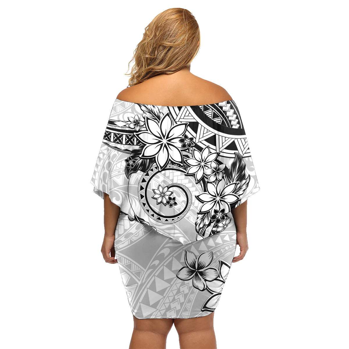 Polynesian Pattern With Plumeria Flowers Family Matching Off Shoulder Short Dress and Hawaiian Shirt White LT05 - Polynesian Pride