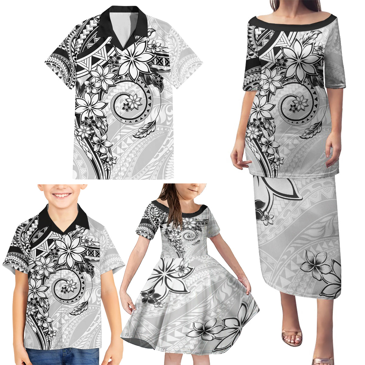Polynesian Pattern With Plumeria Flowers Family Matching Puletasi and Hawaiian Shirt White LT05 - Polynesian Pride