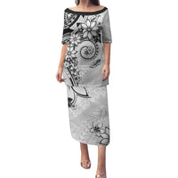 Polynesian Pattern With Plumeria Flowers Family Matching Puletasi and Hawaiian Shirt White