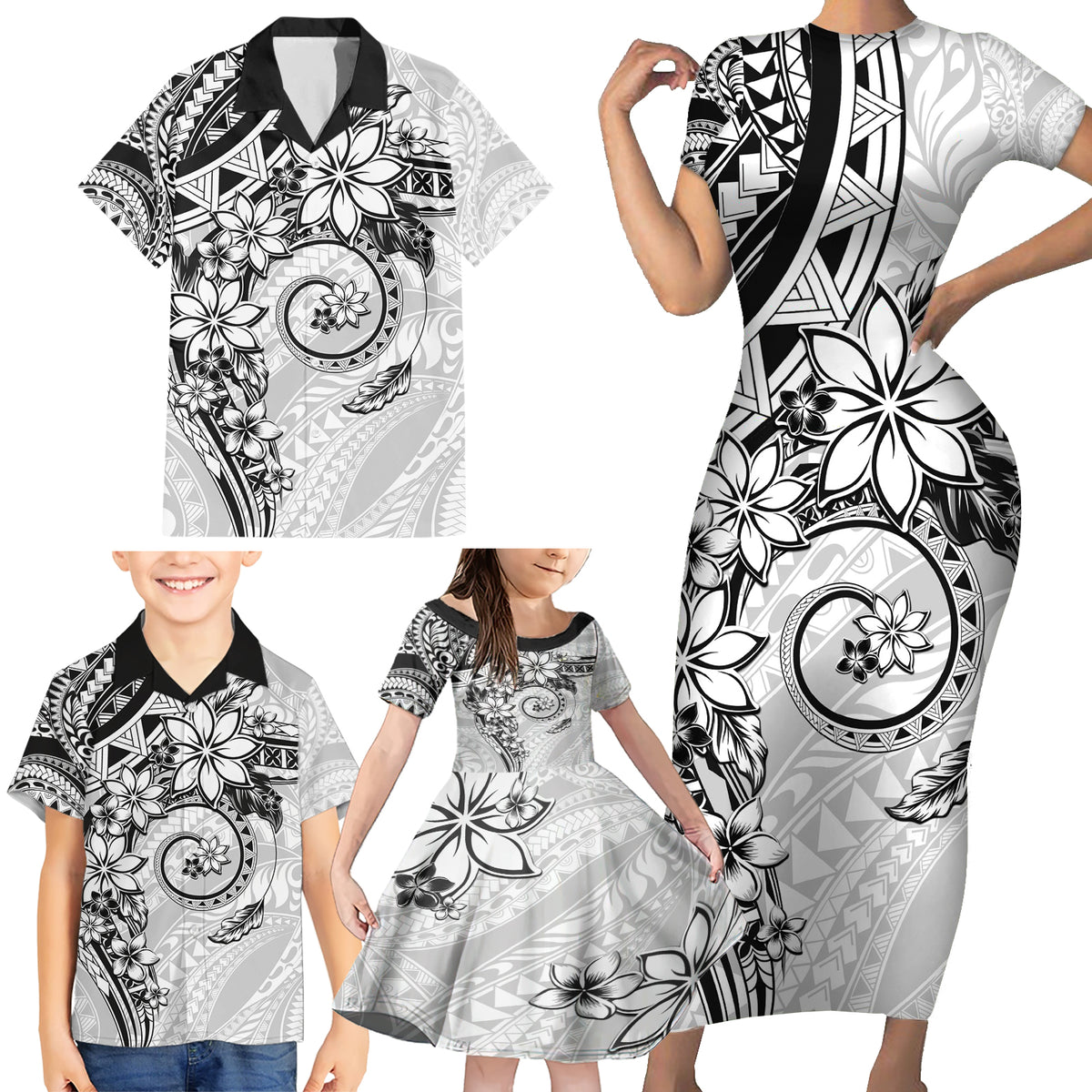 Polynesian Pattern With Plumeria Flowers Family Matching Short Sleeve Bodycon Dress and Hawaiian Shirt White LT05 - Polynesian Pride