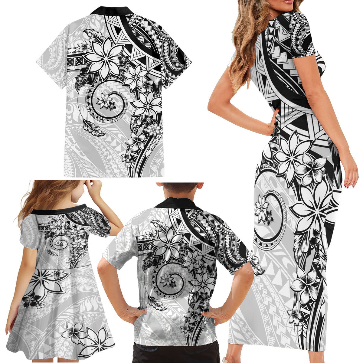Polynesian Pattern With Plumeria Flowers Family Matching Short Sleeve Bodycon Dress and Hawaiian Shirt White LT05 - Polynesian Pride