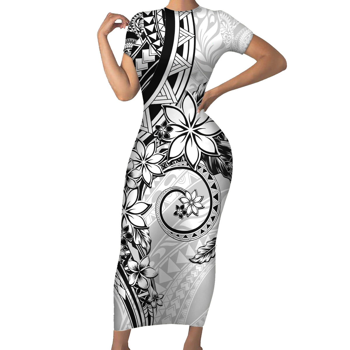 Polynesian Pattern With Plumeria Flowers Family Matching Short Sleeve Bodycon Dress and Hawaiian Shirt White LT05 Mom's Dress White - Polynesian Pride