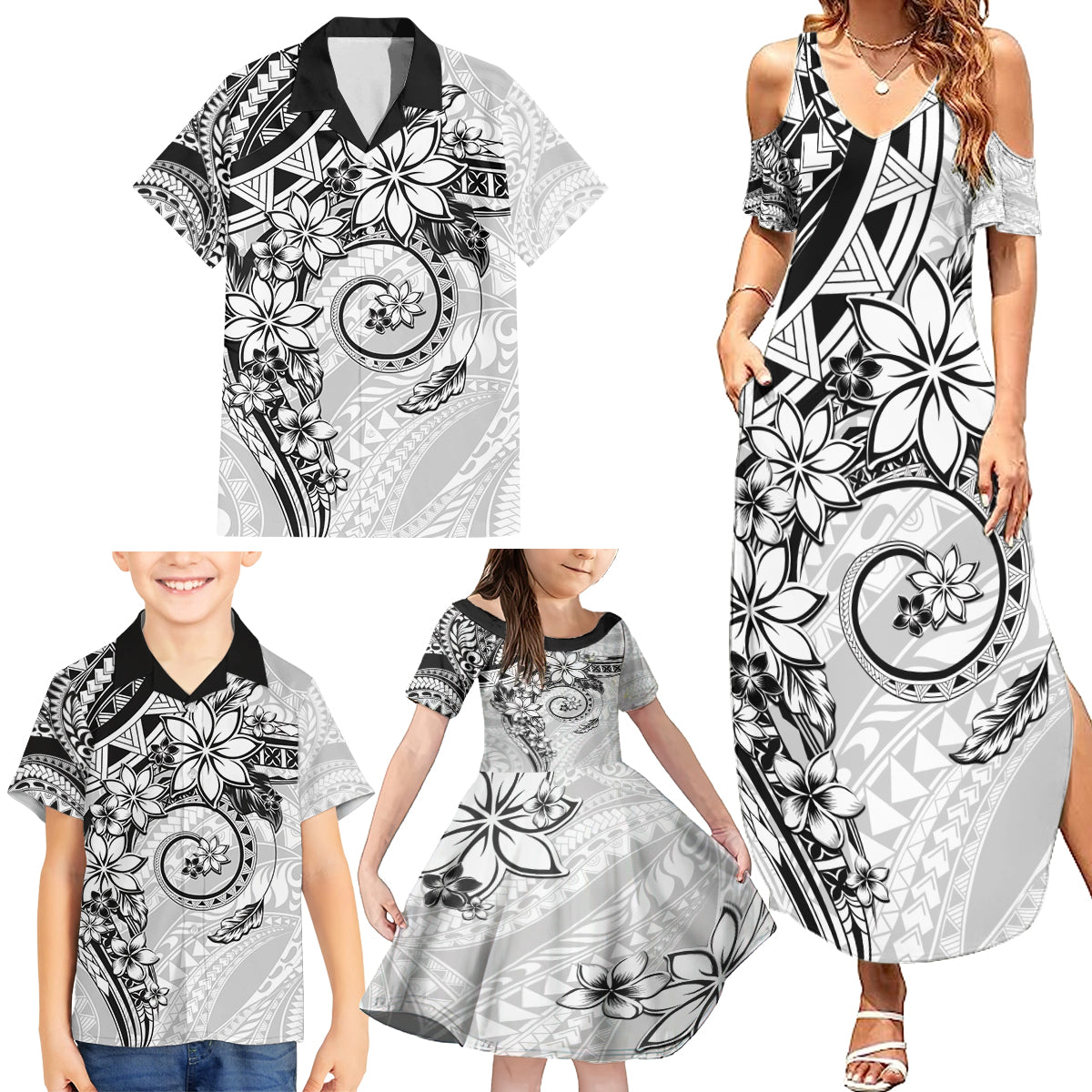 Polynesian Pattern With Plumeria Flowers Family Matching Summer Maxi Dress and Hawaiian Shirt White LT05 - Polynesian Pride