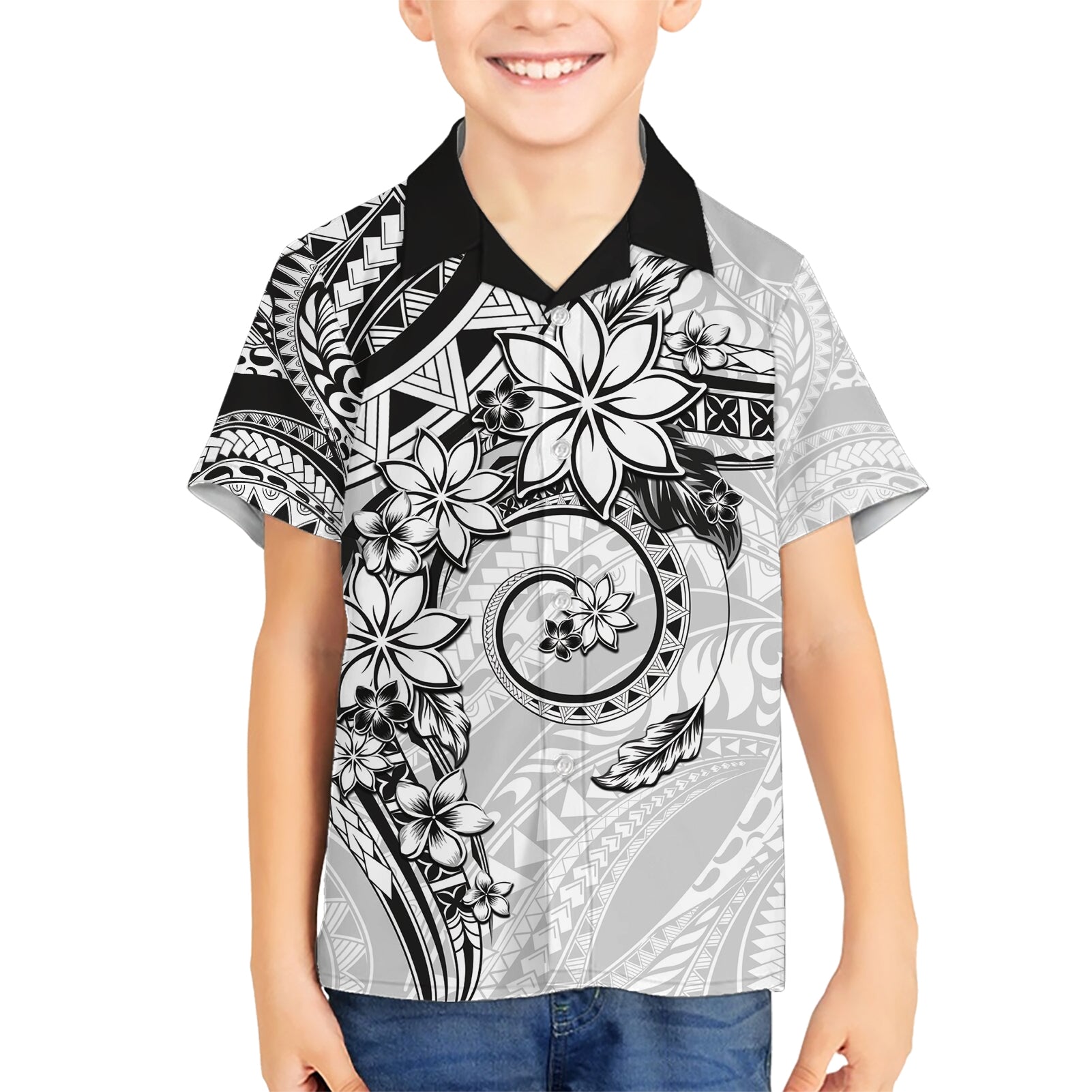 Polynesian Pattern With Plumeria Flowers Kid Hawaiian Shirt White