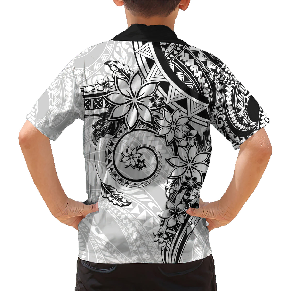Polynesian Pattern With Plumeria Flowers Kid Hawaiian Shirt White
