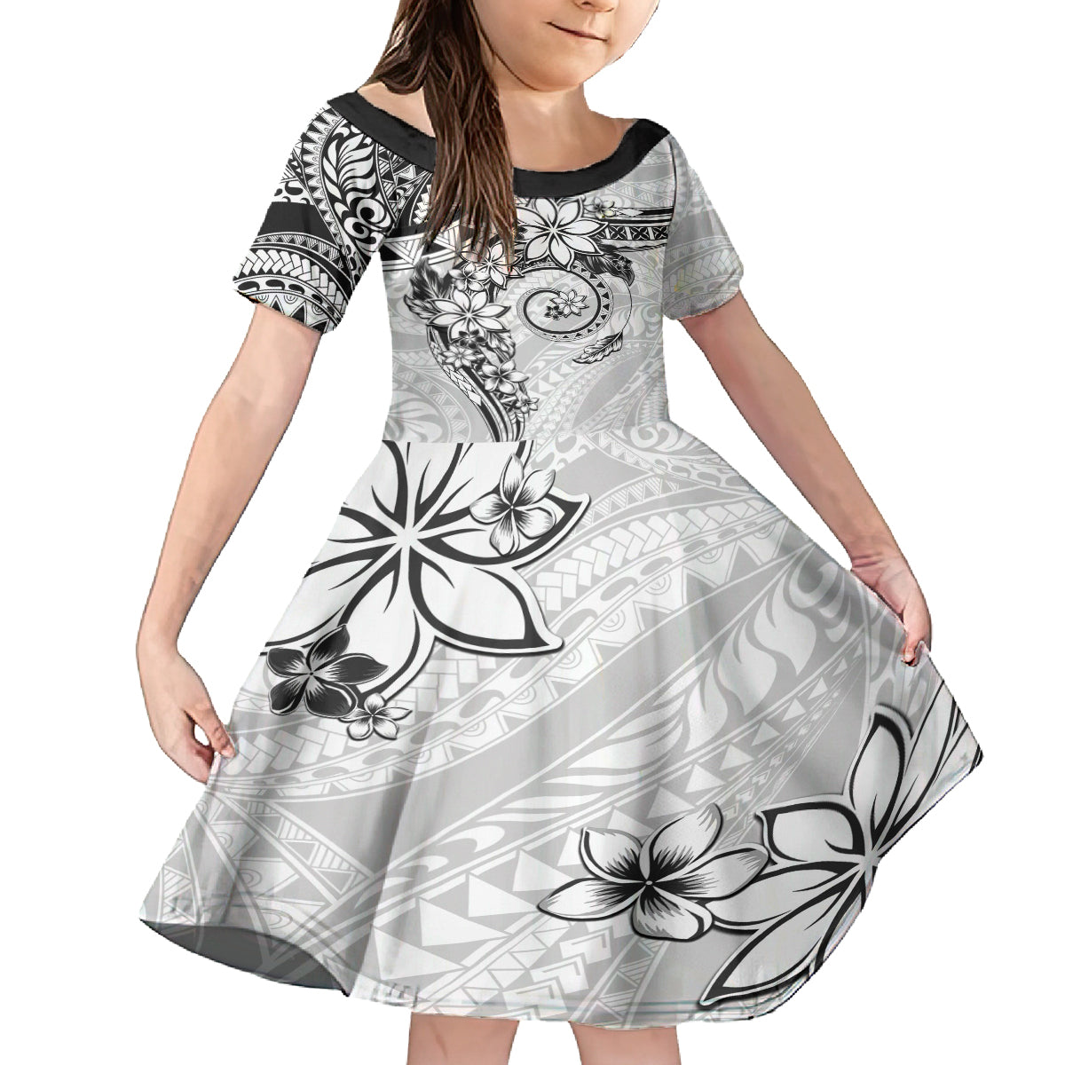 Polynesian Pattern With Plumeria Flowers Kid Short Sleeve Dress White LT05 KID White - Polynesian Pride