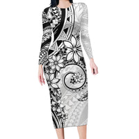Polynesian Pattern With Plumeria Flowers Long Sleeve Bodycon Dress White LT05 Long Dress White - Polynesian Pride